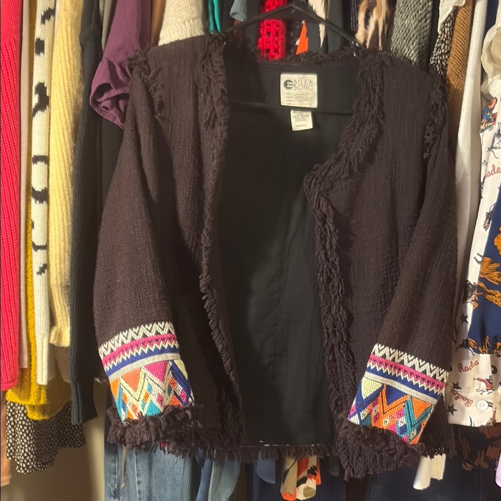 Black Fringe Open-Front Sweater Cardigan with Embroidered Cuffs